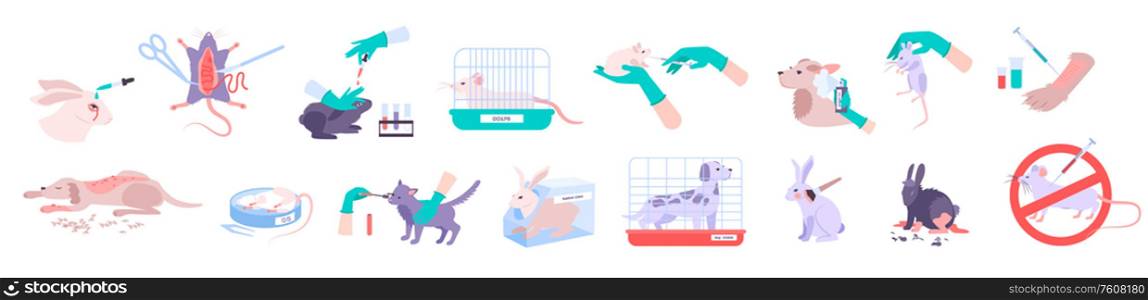 Animal testing icons set with experiment symbols flat isolated vector illustration. Animal Testing Icons Set
