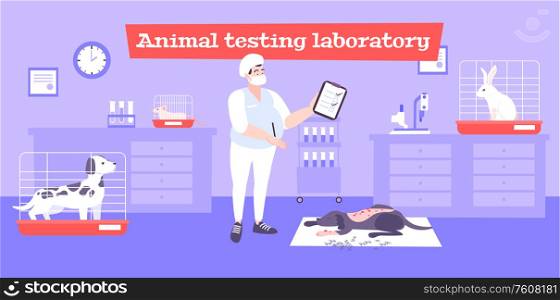 Animal testing laboratory background with experiment symbols flat vector illustration. Animal Testing Laboratory Background