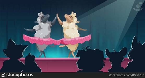 Animal theater with sheeps in tutu dancing ballet on stage. Vector cartoon humor illustration of theatre show with dance of two sheeps ballerinas in pink skirts and silhouettes of audience animals. Animal theater with sheep in tutu dancing ballet
