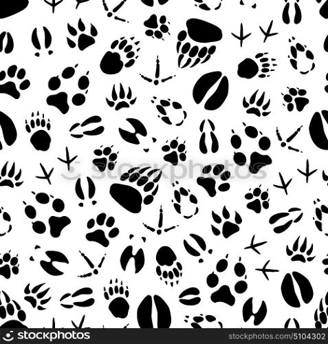Animal track seamless pattern background of wild mammal and bird footprint. Bear, dog and wolf, tiger, deer and hog, duck, bull and chicken paw and foot print for hunting sport tracking themes design. Animal and bird track seamless pattern background