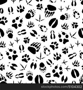 Animal track seamless pattern background of wild mammal and bird footprint. Bear, dog and wolf, tiger, deer and hog, duck, bull and chicken paw and foot print for hunting sport tracking themes design. Animal and bird track seamless pattern background