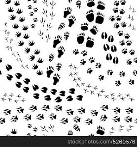 Animal Track Seamless Pattern. Flat design monochrome seamless pattern with various animals and birds tracks on white background vector illustration