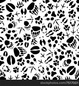 Animal tracks black and white background with seamless footprints of birds and mammals pattern. Wildlife backdrop or tracking and hunting theme design. Animal tracks black and white seamless pattern
