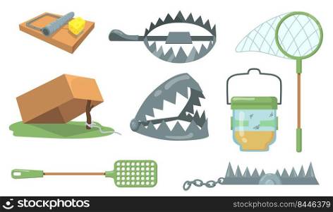 Animal traps set. Mouse trap, metal bear trap, butterfly net isolated on white background. Cartoon vector illustration for hunting, animal catching, cruelty concept