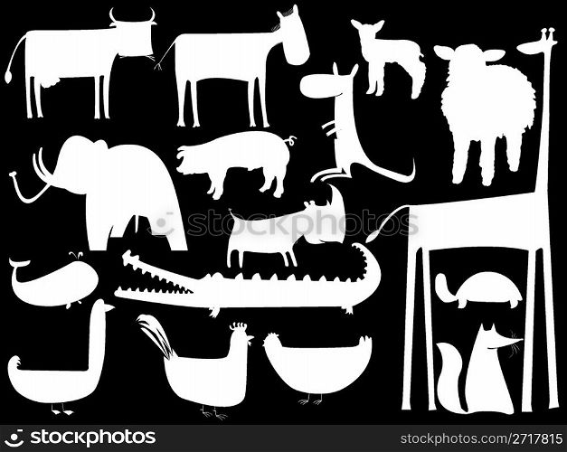 animal white silhouettes isolated on black, vector art illustration