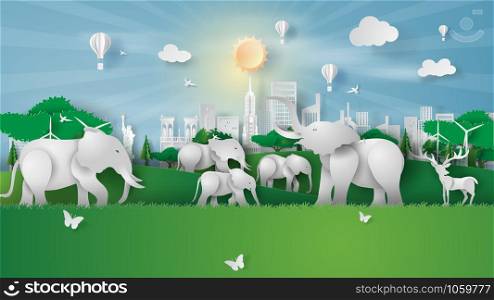 Animal wildlife in green park landmarks at New York City America.Creative Paper cut and craft style.Elephants and deer in forest.Graphic Eco environment day concept for poster.vector illustration