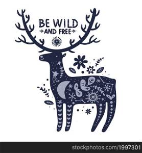 Animal with lettering. Deer silhouette with flowers and stars. Trendy Scandi reindeer. Funny forest wildlife. Inspiration text. Nordic fauna isolated sketch. Folklore creature outline. Vector concept. Animal with lettering. Deer silhouette with flowers and stars. Trendy Scandi reindeer. Forest wildlife. Inspiration text. Nordic fauna sketch. Folklore creature outline. Vector concept