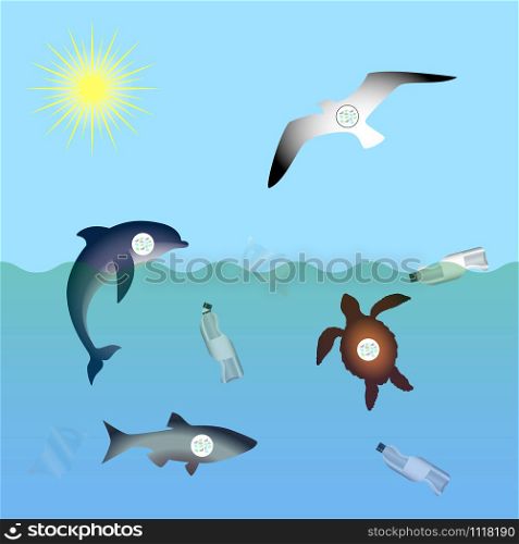 Animals affected by microplastic water contamination. Stop plastic pollution. Rumpled Plastic dishes and bags, Fish, dolphin, seagull, sea turtle, microplastics in sea. Animals affected by microplastic water contamination. Stop plastic pollution. Rumpled Plastic dishes and bags, Fish, dolphin, seagull, sea turtle, microplastics in sea.