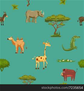 Animals Africa rhinoceros giraffe donkey crocodile boar camel seamless pattern. Animals Africa rhinoceros giraffe donkey crocodile boar camel seamless pattern. Vector illustration cartoon style