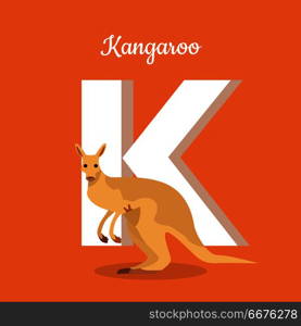 Animals Alphabet. Letter - K. Animals alphabet. Letter - K. Brown kangaroo near letter. Alphabet learning chart with animal illustration for letter and animal name. Vector zoo alphabet with cartoon animal on orange background