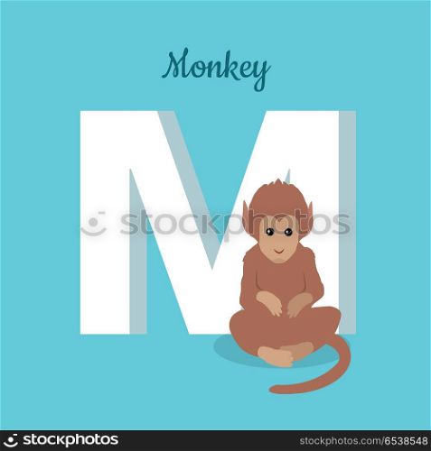 Animals Alphabet. Letter - M. Animals alphabet. Letter - M. Brown monkey sits near letter. Alphabet learning chart with animal illustration for letter and animal name. Vector zoo alphabet with cartoon animal on blue background