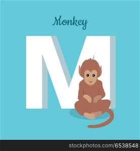 Animals Alphabet. Letter - M. Animals alphabet. Letter - M. Brown monkey sits near letter. Alphabet learning chart with animal illustration for letter and animal name. Vector zoo alphabet with cartoon animal on blue background