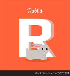Animals Alphabet. Letter - R. Animals alphabet. Letter - R. Gray rabbit sits near letter. Alphabet learning chart with animal illustration for letter and animal name. Vector zoo alphabet with cartoon animal on red background