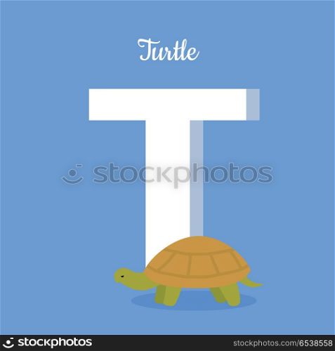 Animals Alphabet. Letter - T. Animals alphabet. Letter - T. Big turtle stands near letter. Alphabet learning chart with animal illustration for letter and animal name. Vector zoo alphabet with cartoon animal on blue background