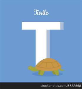 Animals Alphabet. Letter - T. Animals alphabet. Letter - T. Big turtle stands near letter. Alphabet learning chart with animal illustration for letter and animal name. Vector zoo alphabet with cartoon animal on blue background