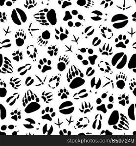 Animals and birds footprints seamless pattern on snow. Vector wild bear or wolf and hare paws tracks, boar or elk and deer hoof imprints or crow and sparrow claws background. Vector animal or bird footprints seamless pattern