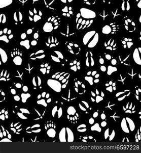 Animals and birds footprints seamless pattern. Vector tracks background of crow or sparrow claws, wild bear or wolf and hare paws, boar or elk and deer hoof prints. Vector seamless pattern animal or bird footprints