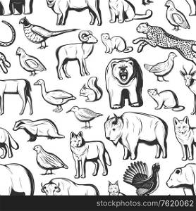 Animals and birds seamless pattern background. Vector African safari hunt cheetah and buffalo, wild beer, badger or fox and wolf, hunting fowl duck, partridge and woodcock with pheasant and squirrel. Hunt season animals and birds seamless pattern