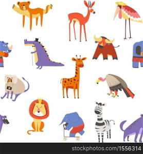Animals and birds seamless pattern wild African mammals wildlife and nature vector giraffe and bull, crocodile and antelope leopard and monkey lion and zebra elephant and flamingo vulture and hyena.. Wild African animals and birds seamless pattern wildlife and nature