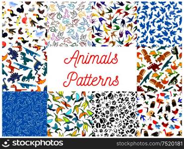 Animals and birds seamless patterns set with dinosaur, dove, owl, hummingbird, swallow, eagle, parrot, flamingo, swan and animal tracks. Animals and birds seamless patterns set