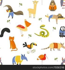 Animals and birds wild American mammals seamless pattern wildlife vector ant-eater and lama sloth and snake bear and monkey pelican and toucan heron, and tapir owl and jaguar armadillo endless texture. Wild American animals and birds seamless pattern wildlife