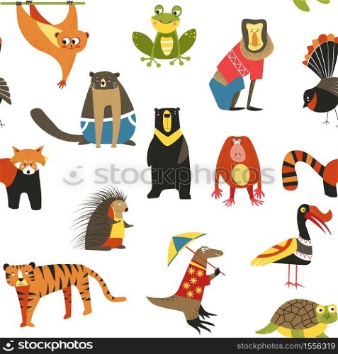 Animals and birds wild Asian mammals seamless pattern wildlife vector flying squirrel and frog monkey and grizzly bear beaver and porcupine tiger, and red panda monitor lizard and turtle great hornbill. Wild Asian animals and birds seamless pattern wildlife
