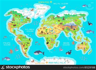 Animals and Where They Live. Our Planet. Earth.. World geographical map with flora and fauna. Animals of land, oceans. North and South America, Europe, Asia, Australia, Africa, Antarctica. Vector illustration. Pacific, Atlantic Indian Arctic Ocean