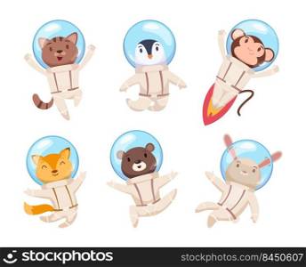 Animals astronauts. Cute pets in space helmets universe travelling dogs bear foxes exact vector cartoon animals. Illustration of pet animal astronaut. Animals astronauts. Cute pets in space helmets universe travelling dogs bear foxes exact vector cartoon animals