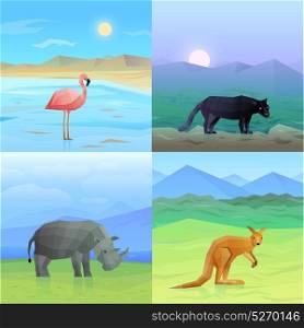 Animals Background Set. Colorful 2x2 background set with polygonal wild animals and birds isolated vector illustration