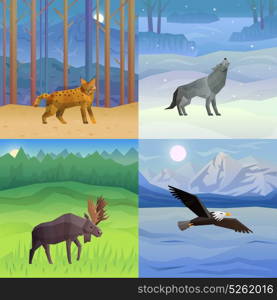 Animals Background Set. Polygonal 2x2 background with wild animals and birds in their habitat set isolated vector illustration