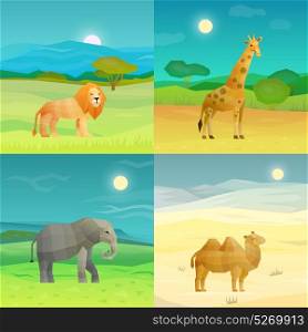 Animals Background Set. Polygonal african animals 2x2 set with elephant camel lion and giraffe on nature background isolated vector illustration