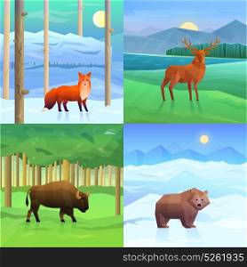 Animals Background Set. Polygonal wild animals on 2x2 background with landscapes set isolated vector illustration