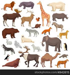 Animals Big Set. Big flat set of wild animals and birds living in various climatic zones isolated on white background vector illustration