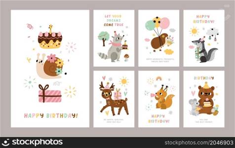Animals birthday cards. Invitations posters, holiday childish party decoration, cute forest character, baby deer, snail with gift, raccoon with cake, hedgehog with balloons vector cartoon isolated set. Animals birthday cards. Invitations posters, holiday childish party decoration, cute forest character, baby deer, snail with gift, raccoon with cake, hedgehog with balloons vector cartoon set