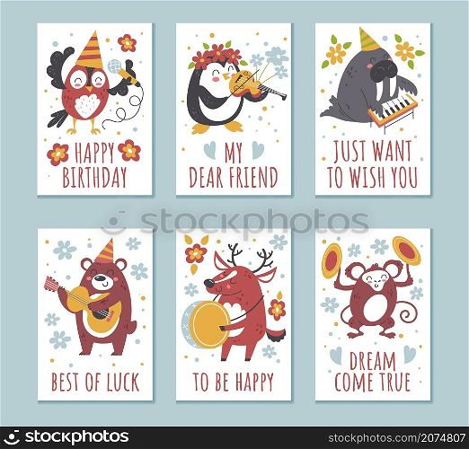 Animals birthday greeting cards. Funny cartoon characters play different musical instruments. Congratulate kids holiday. Jazz band. Cute monkey or wild deer with flowers and text. Vector postcards set. Animals birthday greeting cards. Cartoon characters play different musical instruments. Congratulate kids holiday. Jazz band. Monkey or wild deer with flowers and text. Vector postcards set