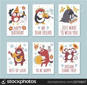 Animals birthday greeting cards. Funny cartoon characters play different musical instruments. Congratulate kids holiday. Jazz band. Cute monkey or wild deer with flowers and text. Vector postcards set. Animals birthday greeting cards. Cartoon characters play different musical instruments. Congratulate kids holiday. Jazz band. Monkey or wild deer with flowers and text. Vector postcards set