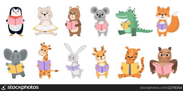 Animals book lovers, reading fox, bear and rabbit. Smart animals learn by reading books vector illustration set. Animals like to read books. Cartoon adorable characters studying isolated. Animals book lovers, reading fox, bear and rabbit. Smart animals learn by reading books vector illustration set. Animals like to read books