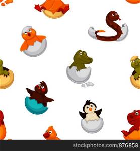 Animals born from eggs, eggshells and reptiles seamless pattern vector. Fluffy chicken, penguin and dragon, snake and alligator sitting in shell. Small newborn creatures , serpent and hen hatching. Animals born from eggs, eggshells and reptiles vector