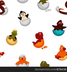 Animals born from eggs, eggshells and reptiles seamless pattern vector. Fluffy chicken, penguin and dragon, snake and alligator sitting in shell. Small newborn creatures , serpent and hen hatching. Animals born from eggs, eggshells and reptiles seamless pattern vector.