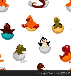 Animals born from eggs, eggshells and reptiles seamless pattern vector. Fluffy chicken, penguin and dragon, snake and alligator sitting in shell. Small newborn creatures , serpent and hen hatching. Animals born from eggs, eggshells and reptiles seamless pattern vector.