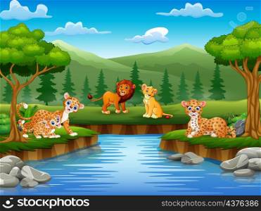 Animals cartoon are enjoying nature by the river