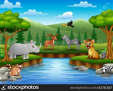 Animals cartoon are enjoying nature by the river