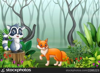 Animals cartoon in a foggy forest with views of dry tree branches