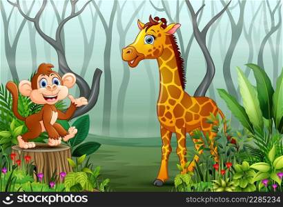 Animals cartoon in a foggy forest with views of dry tree branches 