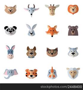 Animals characters flat set with donkey fox rabbit heads isolated vector illustration. Animals Heads Flat