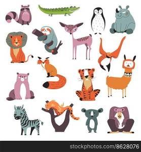 Animals characters from wilderness, zoo or biodiversity park. Isolated personages tiger and lion, penguin and koala, rhino and deer, fox and bear, llama and monkey or chimpanzee. Vector in flat style. Wild animals, small cartoon characters vector