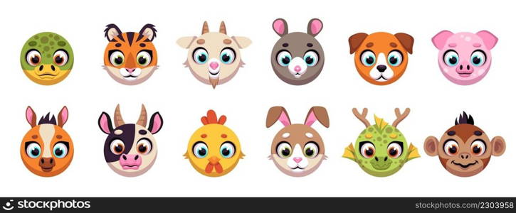 Animals circle faces. Funny cartoon muzzles, round shapes, UI apps icons, cute wildlife characters, chinese horoscope signs, app signs, funny fauna faces. Kawaii rat, pig and cow, vector isolated set. Animals circle faces. Funny cartoon muzzles, round shapes, UI apps icons, cute wildlife characters, chinese horoscope signs, app signs, funny fauna faces. Vector isolated set