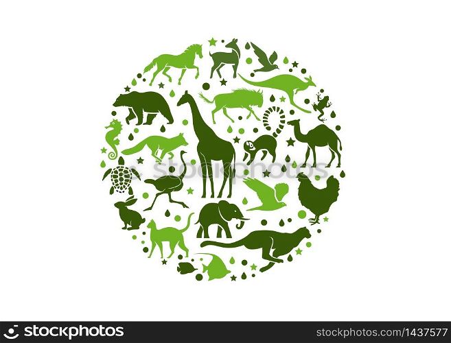 animals collection in circle frame ,Vector round frame with cute exotic animals