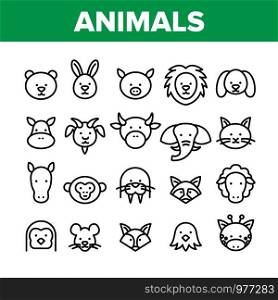 Animals Collection Wild And Farm Icons Set Vector Thin Line. Bear And Rabbit, Pig And Cow, Elephant And Lion, Monkey And Horse Animals Concept Linear Pictograms. Monochrome Contour Illustrations. Animals Collection Wild And Farm Icons Set Vector