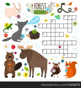 Animals crossword. Book puzzle cross word game with forest animals vector illustration. Forest animals crossword puzzle